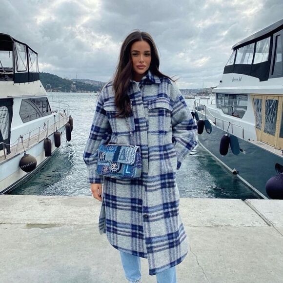 H&M Jackets & Blazers - Blue Plaid Long Oversized Coat